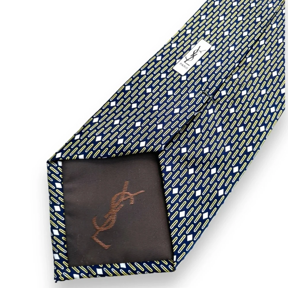 Yves Saint Laurent YSL Mens Tie Navy Blue Geometric Logo Print NWT